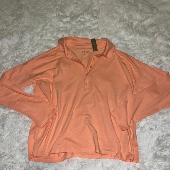 NWT J. Crew Stretch Linen Orange Polo Style Long Sleeve Shirt size Large Light - Picture 3 of 5